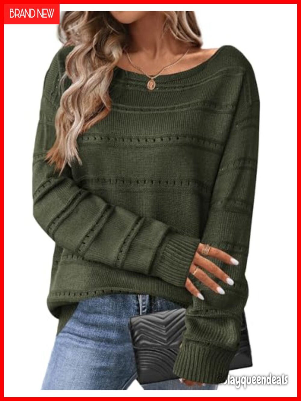 Womens Crochet Knit Off Shoulder Sweater Loose Fit Boat Neck Pullover